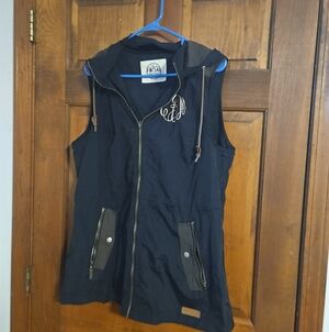 Monogrammed Navy Hooded Zip Front Vest Initials CBM